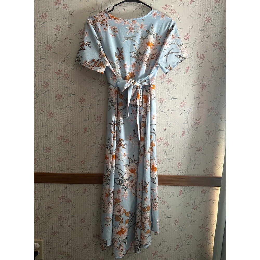 Floral High‎ Low Maxi Dress Light Blue V-Neck Short Sleeve Faux Wrap Tie Back - Picture 2 of 2
